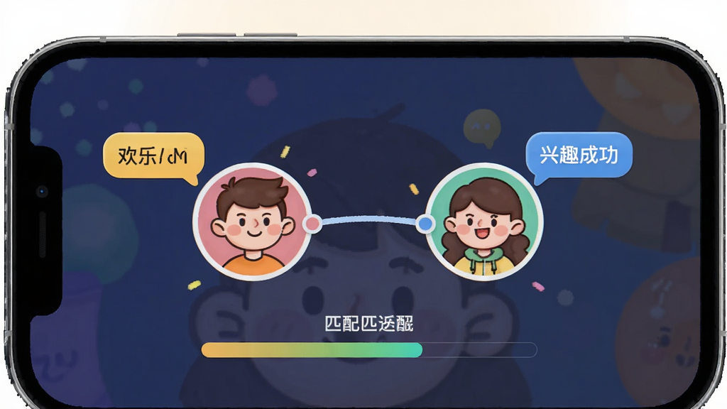 一张展示欢乐搭子智能匹配功能的生图,主体为手机屏幕内显示匹配成功动画,两个卡通头像通过兴趣标签连接在一起,布局居中,排版简洁,风格活泼明快,细节包括标签气泡和匹配进度条,画质干净,无多余元素