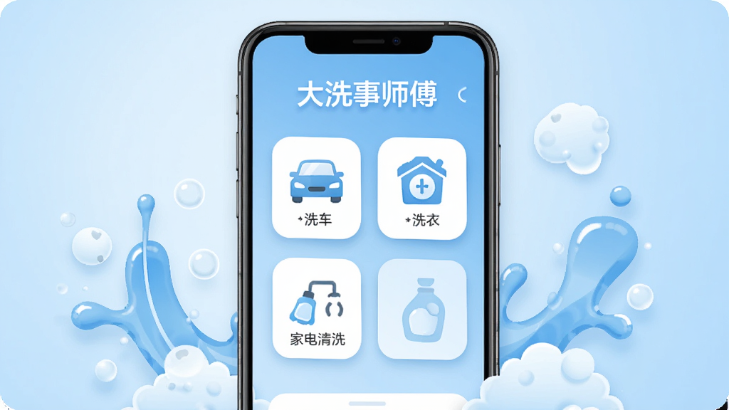 画面中央展示一部智能手机,屏幕内呈现“大洗事师傅”应用主界面,界面中有洗车、洗衣、家电清洗三个服务入口图标,背景为浅蓝色渐变,手机两侧环绕水花与泡沫元素,主体居中,布局简洁,排版清晰,风格为扁平化数字插画,细节包含圆角图标与柔和阴影,画质高清,画面干净,无多余元素