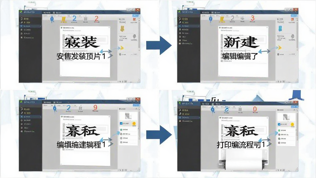 宏方销售发货单打印软件使用教程示意图,主体为软件操作步骤截图合集,布局为四格分镜展示安装、新建、编辑、打印流程,排版按箭头顺序引导阅读,风格为教程图解风,细节上每格标注步骤序号与简短说明文字,画质清晰干净,无多余元素