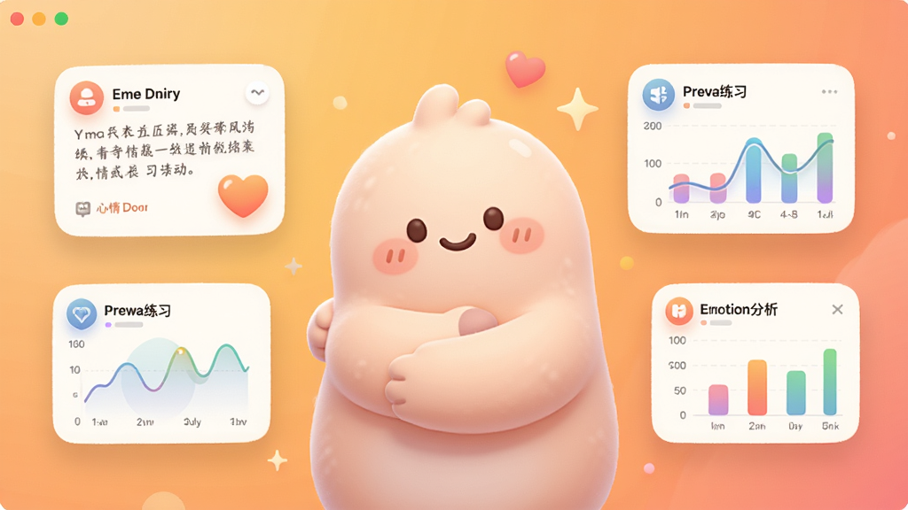 EmoHug 软件主界面全景展示,画面中央是一个柔和的卡通拥抱形象,周围环绕着心情日记、呼吸练习、情绪分析图表等悬浮卡片,背景是温暖的渐变暖色调,布局清晰有层次,风格温馨治愈系扁平插画,细节上突出圆润的图标和柔光效果,画质高清,干净,无多余元素