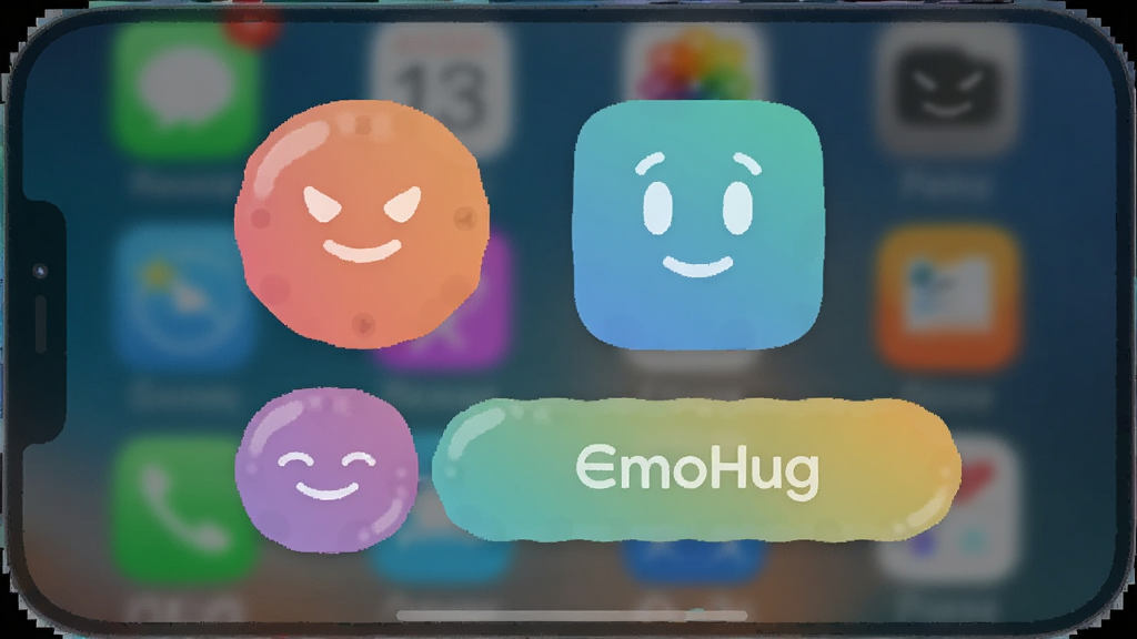 EmoHug 桌面小组件展示,画面展示手机主屏幕上放置着几个不同颜色和形态的EmoHug心情小组件,有圆形、方形和长条形,背景是模糊的手机桌面壁纸,布局为真实手机界面截图风格,细节上体现小组件的细腻渐变和清晰文字,画质高清,干净,无多余元素