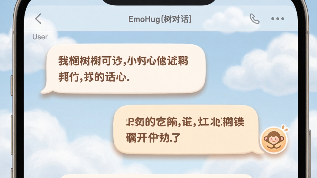 EmoHug 树洞对话界面,画面展示手机屏幕中一段温暖的对话气泡,一侧是用户文字,另一侧是带有拥抱图标的温柔回复,背景是柔软的云朵纹理,布局为聊天窗口样式,风格亲和友善,细节上突出气泡的柔和阴影和字体的圆润感,画质高清,干净,无多余元素