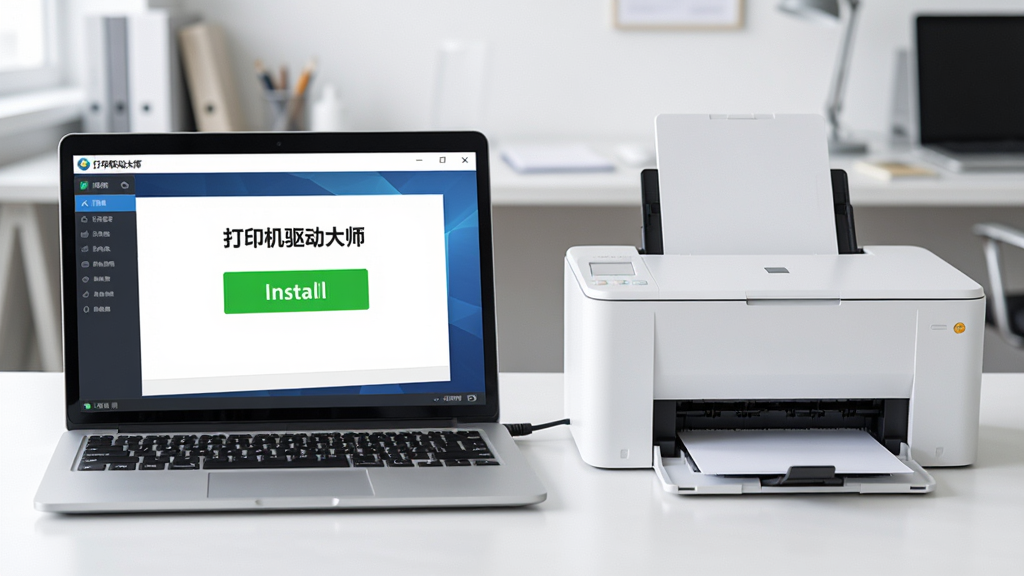 一台笔记本电脑旁边连接着一台白色打印机,电脑屏幕上显示“打印机驱动大师”软件界面,界面中央有一个明显的绿色安装按钮,背景是整洁的办公桌面,风格为写实科技风,细节清晰,画质高清,干净,无多余元素