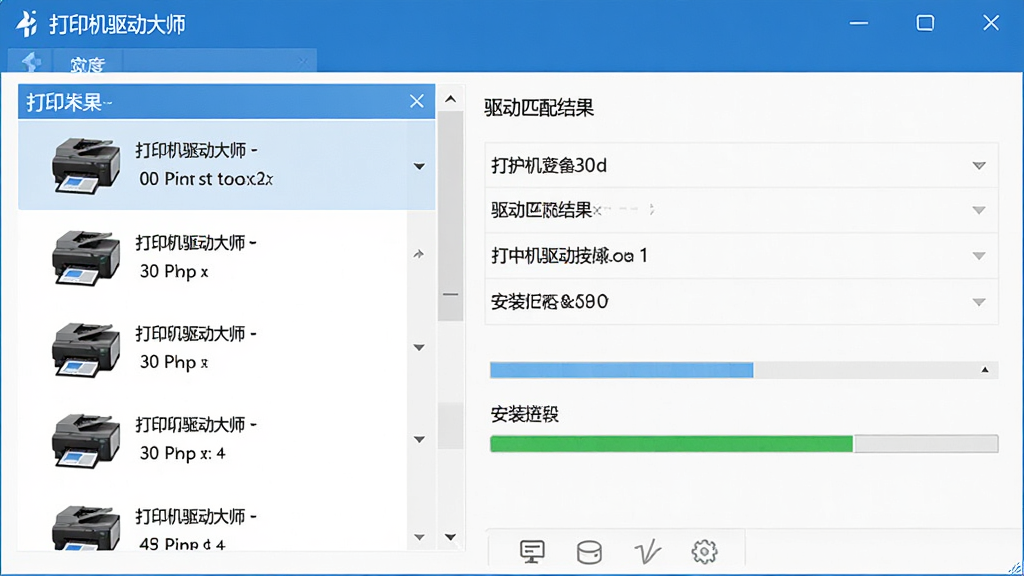 软件“打印机驱动大师”主界面,左侧显示已连接的打印机列表,右侧显示驱动匹配结果和安装进度条,界面采用蓝白配色,布局清晰,风格简洁商务,细节精致,画质高清,干净,无多余元素