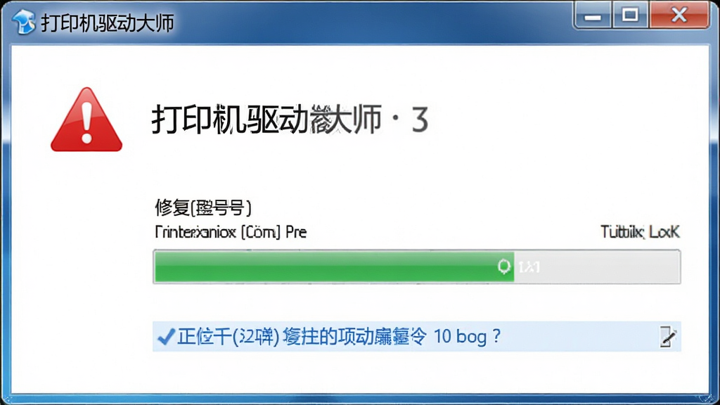 软件“打印机驱动大师”的驱动修复功能界面,显示正在修复的打印机型号和修复进度,界面有红色警示图标和蓝色提示文字,风格清晰直观,细节丰富,画质高清,干净,无多余元素