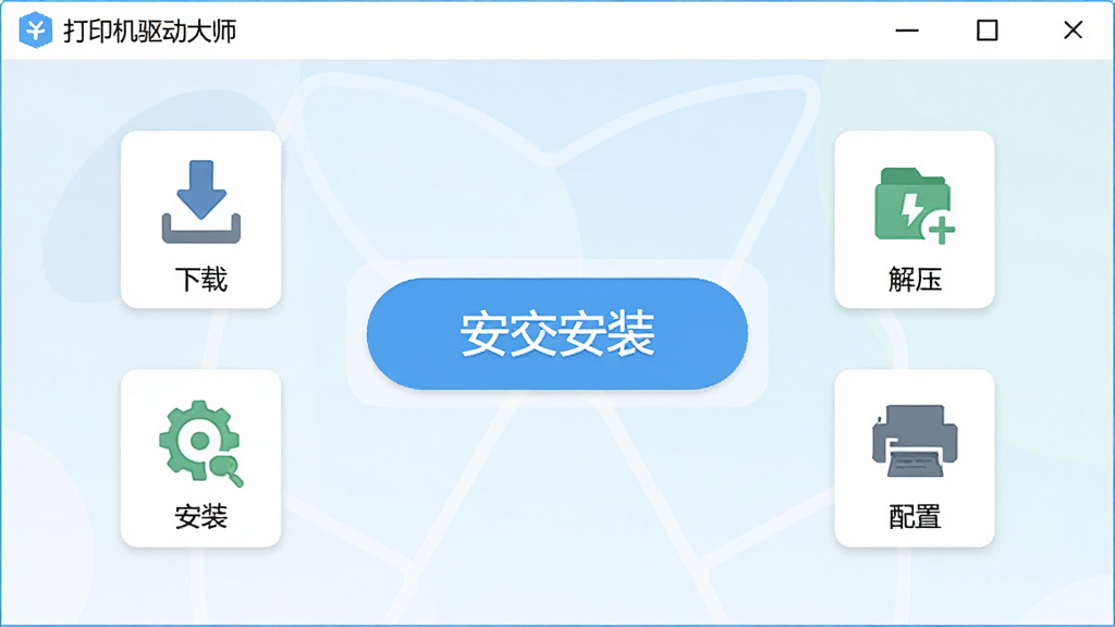 软件“打印机驱动大师”的一键安装界面,中央有醒目的安装按钮,周围环绕着下载、解压、安装、配置四个步骤图标,风格扁平化,配色清新,布局居中,细节清晰,画质高清,干净,无多余元素