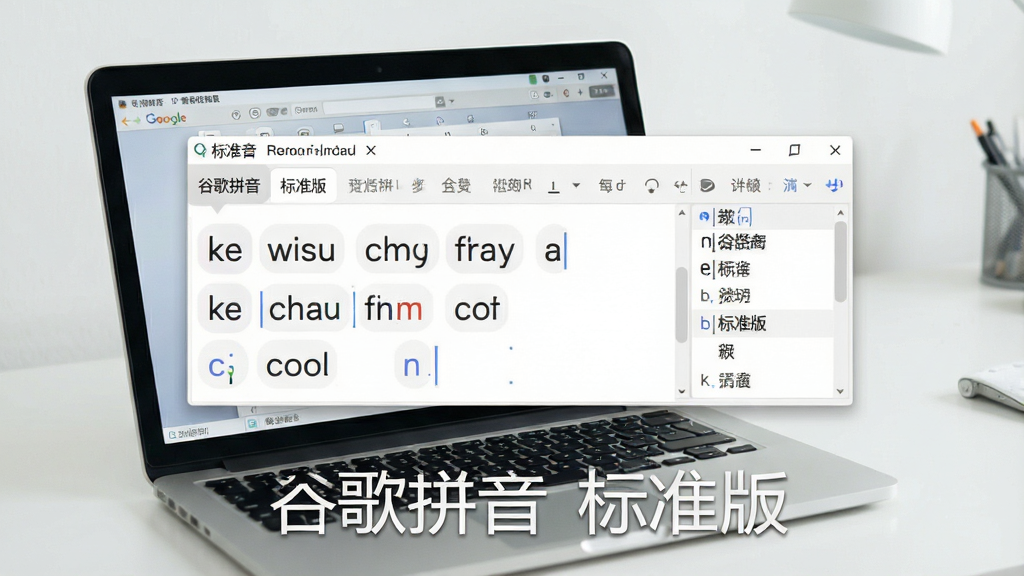 一张展现谷歌拼音标准版软件主界面的预览图,画面中央是简洁的拼音输入候选框,背景为干净的浅色办公桌面,桌面上有一台打开的笔记本电脑,屏幕显示中文输入场景,布局为横版宽幅构图,整体风格清爽简约,细节处体现输入法状态栏和候选词列表,画质清晰、干净、无多余元素,图中文字标注“谷歌拼音 标准版”