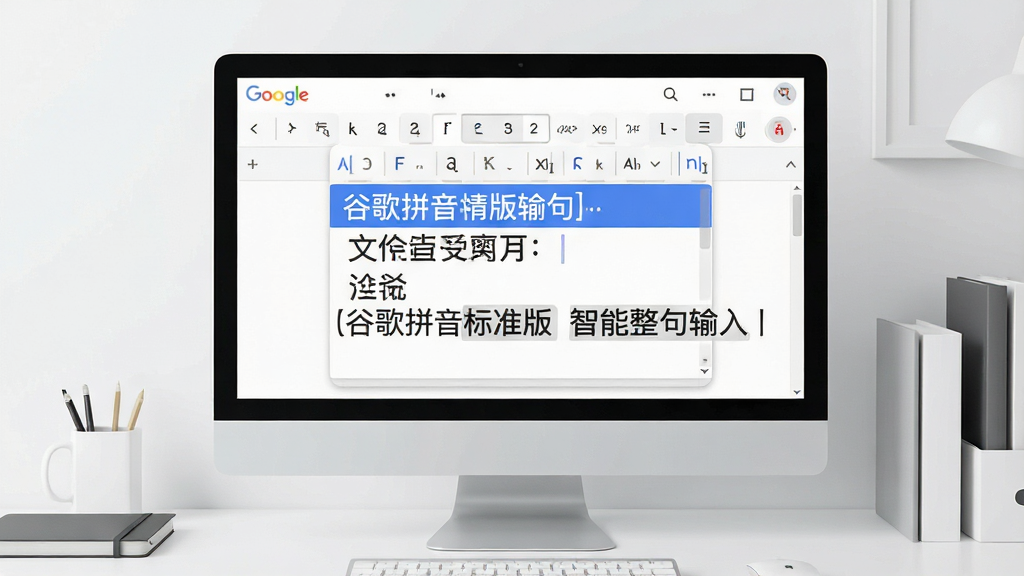 一张展示谷歌拼音标准版智能整句输入功能的场景图,画面主体是一个电脑屏幕,屏幕中显示输入法候选栏正在展示一整句中文候选结果,背景是整洁的办公桌面,布局为居中构图,风格现代简约,细节处突出候选词的高亮选中状态,画质清晰、干净、无多余元素,图中文字标注“谷歌拼音 标准版 智能整句输入”