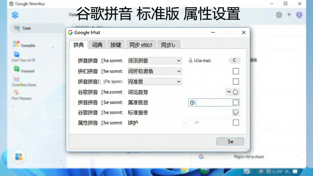 一张展示谷歌拼音标准版在电脑端输入法属性设置界面的截图风格预览图,画面主体是设置窗口,窗口中包含拼音、词典、按键、同步等多个选项卡,背景为干净的浅色系统界面,布局为居中展示,风格简洁清晰,细节处体现选项卡标签和设置项文字,画质清晰、干净、无多余元素,图中文字标注“谷歌拼音 标准版 属性设置”
