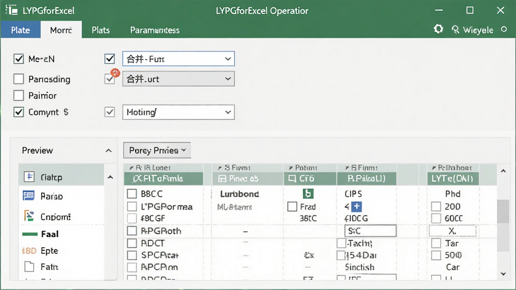 LYPGforExcel批量数据处理功能界面截图,主体为数据合并操作窗口,布局为上方参数设置区加下方预览列表,排版左右分栏,风格为清爽办公风,细节包括多工作表勾选、合并方式下拉菜单、数据预览表格,画质清晰,画面干净,无多余元素