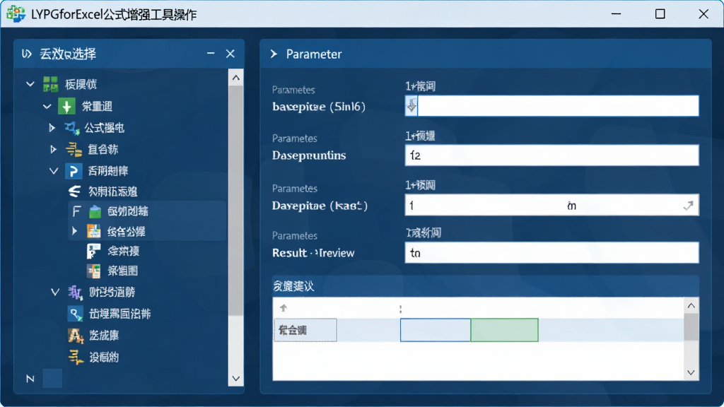 LYPGforExcel公式增强工具操作界面,主体为函数选择面板与参数填写区,布局为左侧函数分类树加右侧参数配置,排版层次分明,风格为科技蓝办公风,细节包括常用函数图标、参数输入框、实时预览结果,画质高清,画面干净,无多余元素