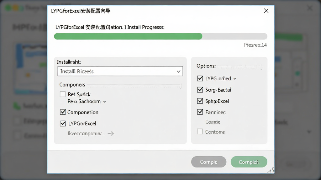 LYPGforExcel安装配置向导界面,主体为安装进度条与选项勾选面板,布局为居中弹窗式,排版简洁明了,风格为现代扁平化,细节包括安装路径选择、组件勾选、完成按钮,画质高清,画面干净,无多余元素