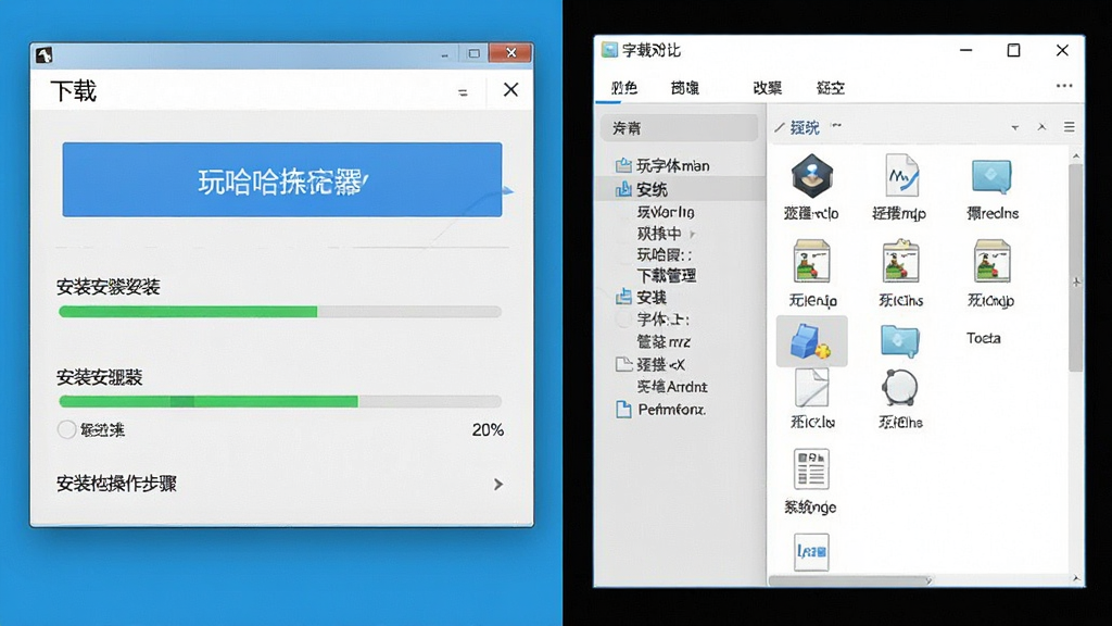 玩哈哈字体下载管理器安装字体操作步骤截图,主体为软件界面与系统字体文件夹对比,布局为左右分屏,排版清晰,风格为教程图解,细节包括下载按钮、安装进度条、系统字体目录,画质清晰,干净,无多余元素