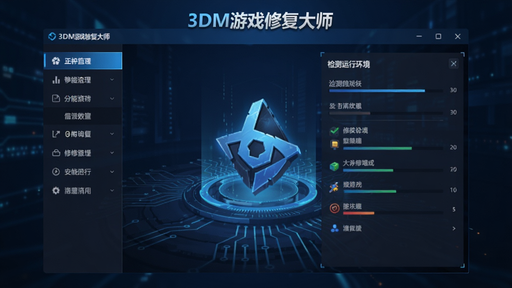 软件界面展示图,画面中央是3DM游戏修复大师主界面,左侧为功能导航栏,右侧显示检测到的游戏运行环境状态,界面风格简洁科技感,蓝色调为主,背景为深色渐变,屏幕上有