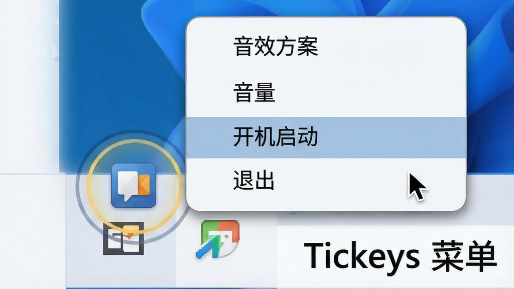 一张展示Tickeys在Windows系统托盘区右键菜单的截图风格插画,主体是屏幕右下角的任务栏托盘区域,Tickeys的图标被高亮圈出,旁边展开一个包含“音效方案”、“音量”、“开机启动”、“退出”等选项的菜单,布局采用局部放大特写排版,风格为Windows 11系统界面风格,细节包含菜单的圆角阴影、选项的鼠标悬停高亮效果,画质清晰,画面干净,无多余元素,图片中打文字“Tickeys 菜单”。