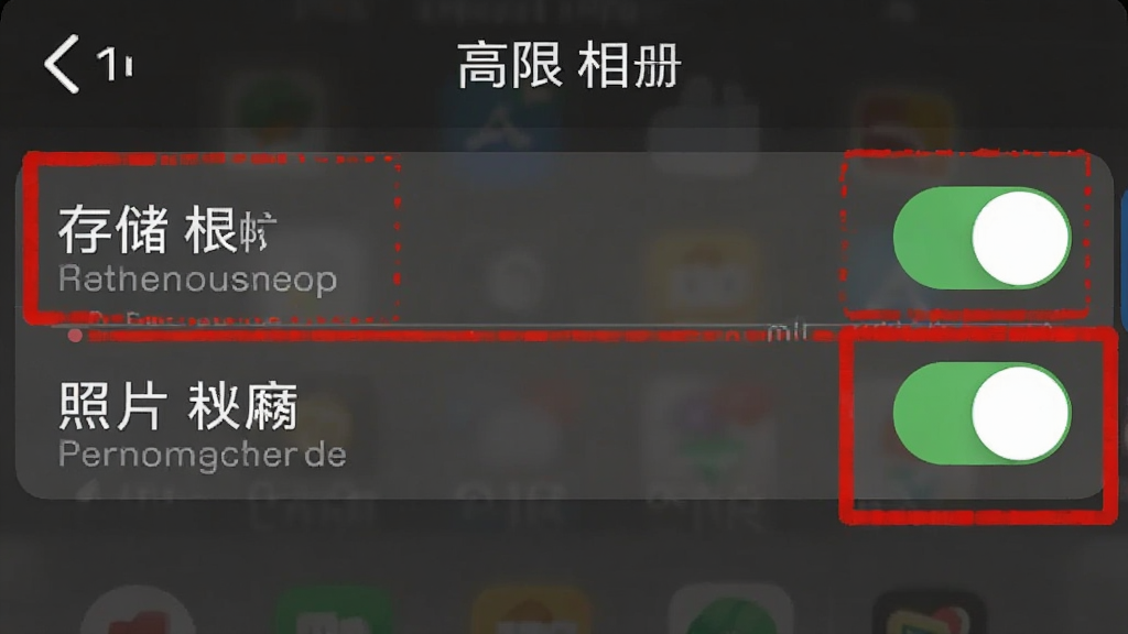 高影相册手机端权限设置界面截图,展示存储权限与照片访问权限开关,画面清晰,标注红色重点提示框,整体风格简洁,无多余元素,高清画质