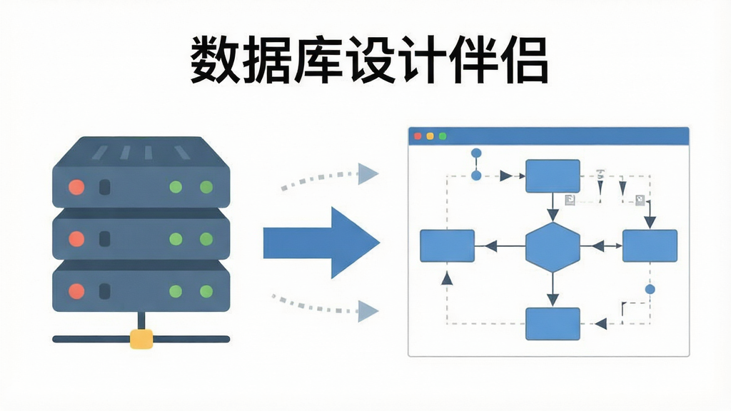 一张展示数据库设计伴侣逆向工程功能的示意图,画面左侧是一个数据库服务器图标,右侧是生成的ER关系图,中间有箭头表示数据流动方向,风格为扁平化信息图,背景为白色,屏幕上方显示“数据库设计伴侣”文字,画质清晰,干净,无多余元素