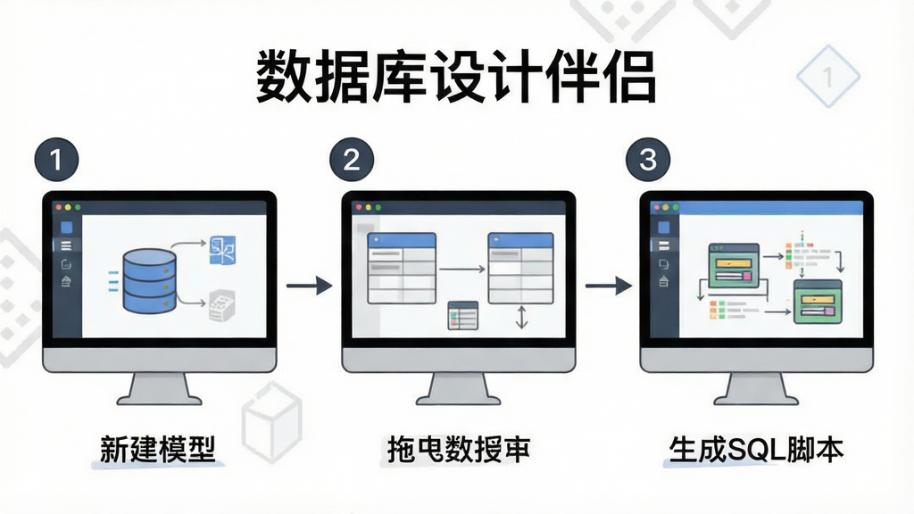 一张展示数据库设计伴侣新手操作步骤的示意图,画面分为三步,第一步为新建模型,第二步为拖拽添加数据表,第三步为生成SQL脚本,每步用数字标注,风格为简洁教程插图,背景为白色,屏幕上方显示“数据库设计伴侣”文字,画质清晰,干净,无多余元素