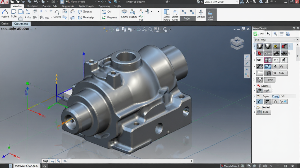 浩辰CAD 2020三维建模工作界面,画面中央展示一个立体机械零件模型,带有金属质感渲染效果,界面右侧为视觉样式切换面板,风格科技感强,细节包含坐标轴和网格地面,画质高清,干净整洁