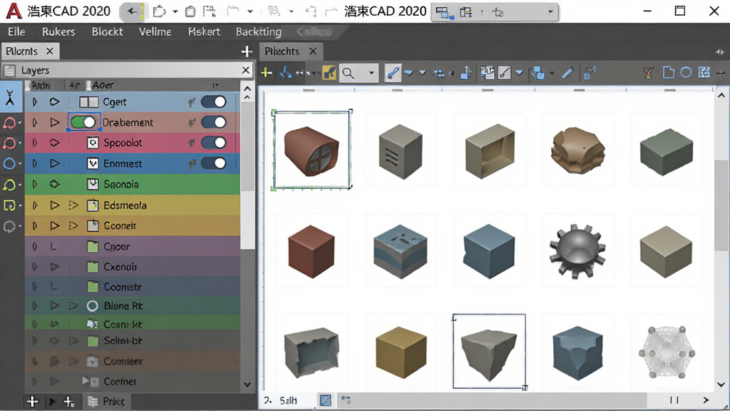 浩辰CAD 2020图层面板与图块库界面,画面展示多个彩色图层列表和缩略图块预览,布局清晰,风格简洁现代,细节包含图层开关图标和图块缩略图,画质高清,干净无多余元素
