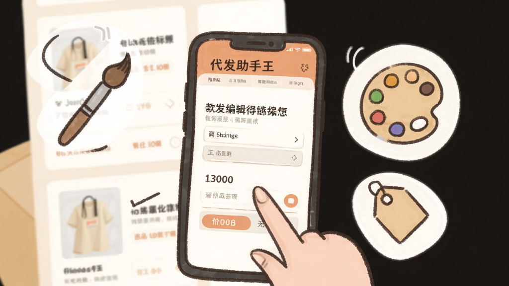 一张展示“代发助手王”商品编辑功能的示意图,画面中一只手正在手机屏幕上调整商品价格和标题文字,手机旁边漂浮着画笔、调色板、标签等编辑工具图标,背景是简洁的商品卡片列表,整体风格为轻松手绘插画,色调温暖柔和,细节上体现编辑的自由度和便捷性,画质干净