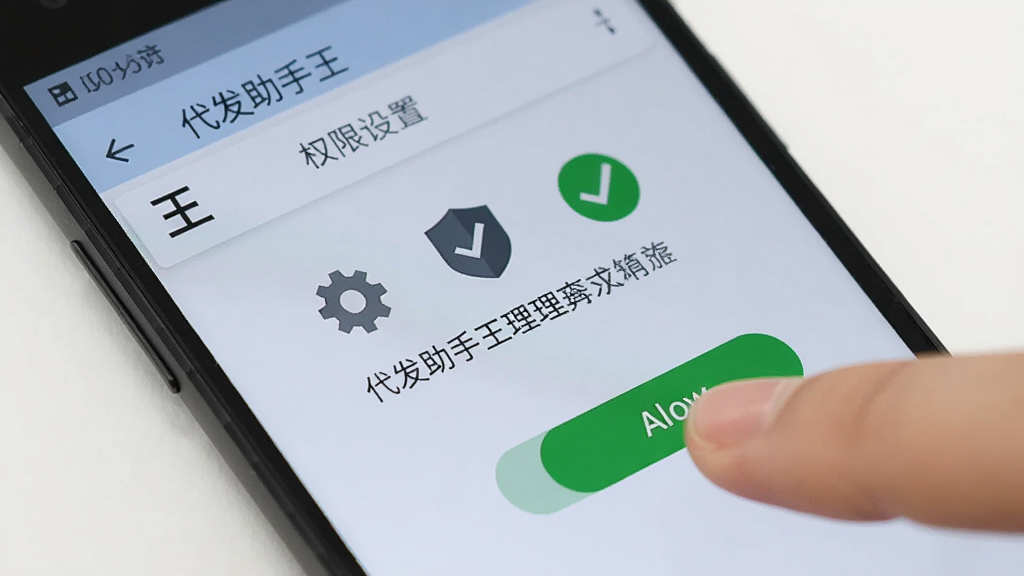一部安卓手机屏幕显示“代发助手王”的权限设置页面,旁边有手指正在点击允许按钮,画面中包含设置齿轮、盾牌、对勾等图标,背景为浅灰色,整体风格简洁实用,突出权限管理主题,画质清晰,无多余装饰