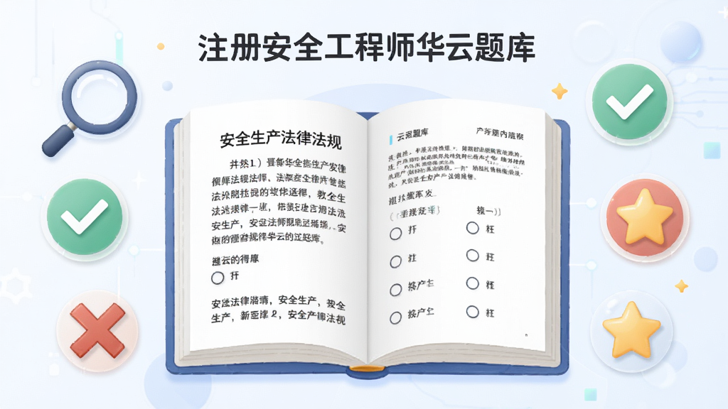 注册安全工程师华云题库内页展示,画面中央是一本展开的电子书,书页上显示安全生产法律法规的文字和选择题选项,周围环绕着放大镜、对勾、叉号、星星等学习图标,布局为左右对称构图,风格为教育科技插画风,细节丰富色彩柔和,画质清晰干净无多余元素