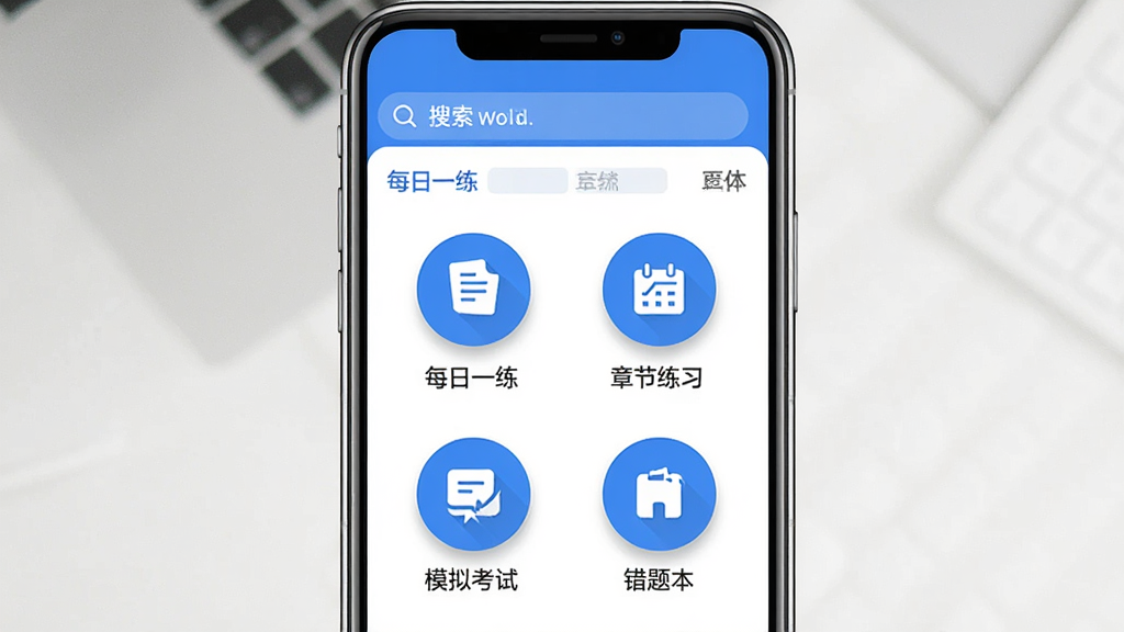 注册安全工程师华云题库手机APP主界面截图,手机屏幕居中展示,界面采用蓝色和白色为主色调,顶部有搜索框,中间显示每日一练、章节练习、历年真题、模拟考试、错题本等圆形功能图标,布局整齐,风格为现代扁平化设计,细节清晰可见图标阴影和文字标签,画质高清干净无多余元素