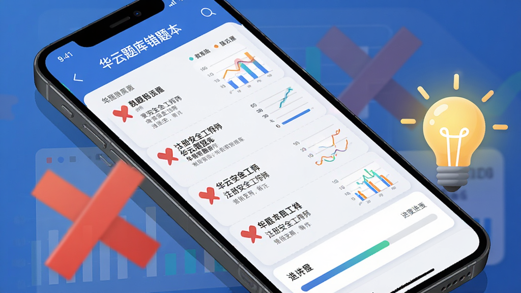 注册安全工程师华云题库错题本功能界面,手机屏幕特写,屏幕中央显示错题列表和红色标记,旁边有一个巨大的红色叉号和一个发光的灯泡,布局为对角线构图,风格为扁平化科技感,细节包含数据图表和进度条,画质高清干净无多余元素