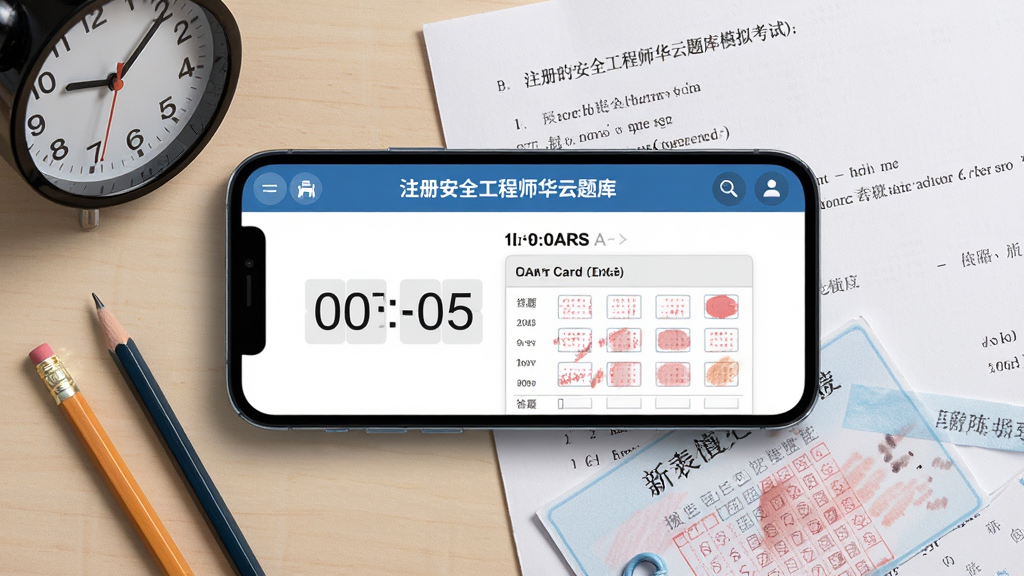 注册安全工程师华云题库模拟考试界面,画面为手机横屏显示,屏幕上是考试倒计时和答题卡,桌面上放着铅笔和准考证,布局为俯视视角,风格为写实摄影风,细节包含时钟、试卷和答题卡填涂痕迹,画质高清干净无多余元素