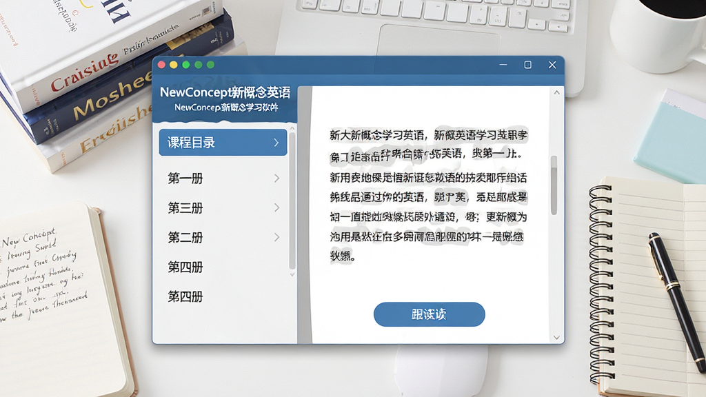 一张展示新概念英语学习软件主界面的图片,画面中央是