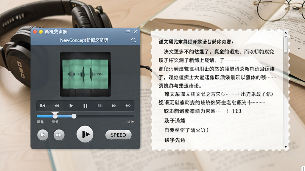 一张展示新概念英语听力训练界面的图片,画面中