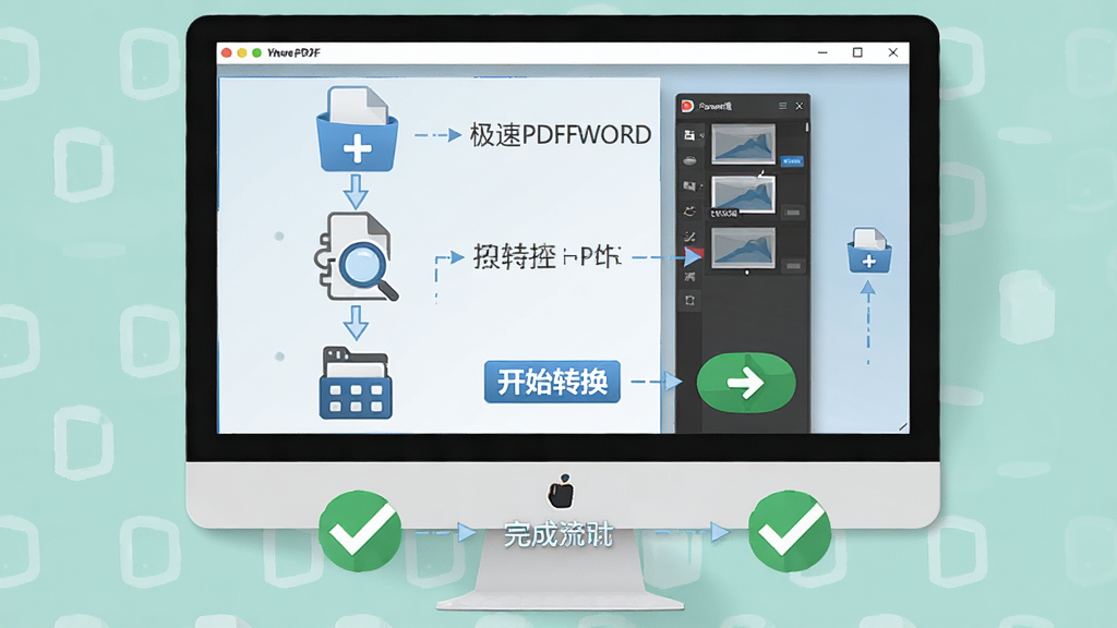 极速PDF转WORD新手操作步骤示意图,主体为电脑屏幕分步展示软件使用流程,布局为从上到下四个步骤排列,排版清晰直观,风格为扁平化教程风格,细节包括添加文件图标、参数设置图标、开始转换按钮与完成勾选标识,画质高清,画面干净,无多余元素