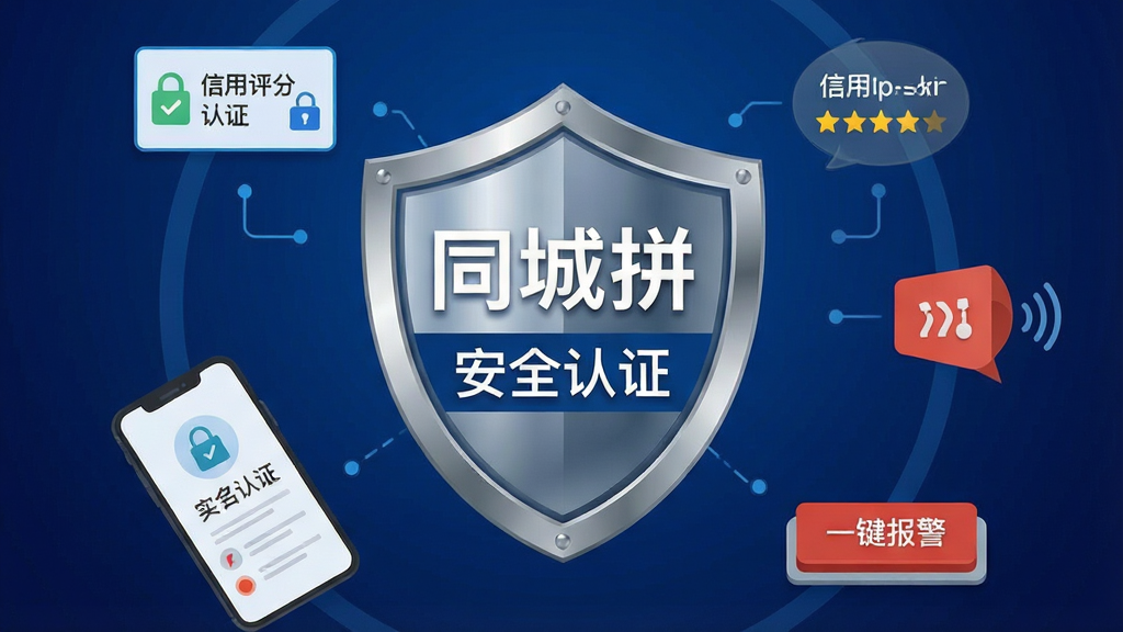 一张展示同城拼安全认证与信用体系的概念图,画面中央是一个盾牌形状的图标,盾牌上写着“同城拼”和“安全认证”字样,盾牌周围环绕着手机实名认证、信用评分星级、一键报警按钮等元素,布局采用环绕式构图,风格为科技感扁平风,细节上盾牌带有金属光泽,背景为深蓝色渐变,画质清晰,干净,无多余元素。