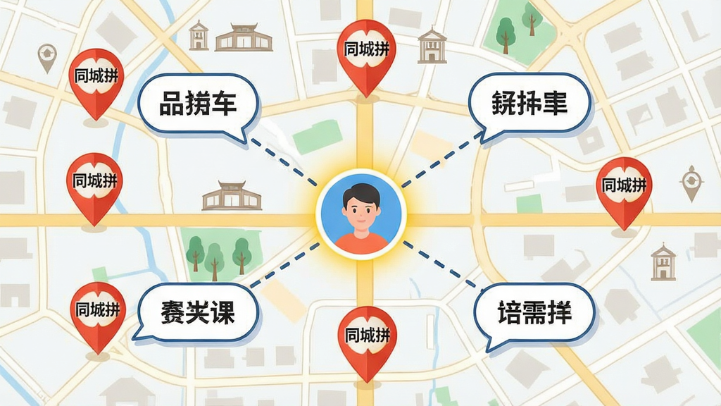 一张展示同城拼精准定位功能的示意图,画面以城市地图为背景,地图上散布着多个带有“同城拼”标识的定位图钉,中心位置有一个高亮的用户头像,周围用虚线连接着附近的拼单需求气泡,布局采用放射状构图,风格为简洁的矢量插画风,细节上地图带有街道和地标轮廓,气泡内显示拼车、拼课等文字,画质清晰,干净,无多余元素。