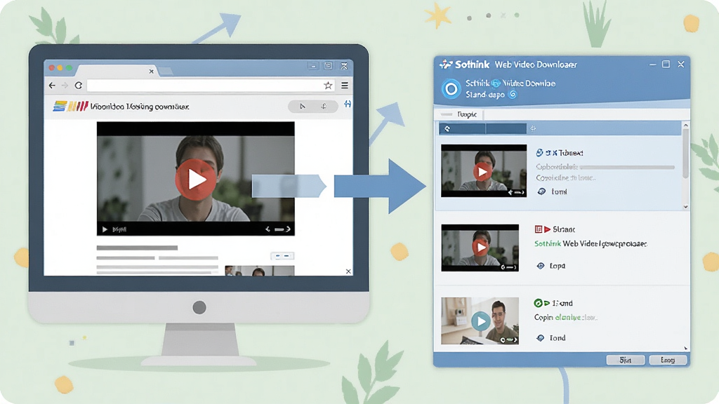 Sothink Web Video Downloader Stand-alone 使用教程示意图,画面展示电脑屏幕上的软件操作界面,左侧为浏览器中的视频页面,右侧为软件正在解析下载的视频任务,画面中有箭头指示从浏览器复制链接到软件粘贴的流程,风格为扁平化教学插图,色彩柔和,画质清晰,无多余元素
