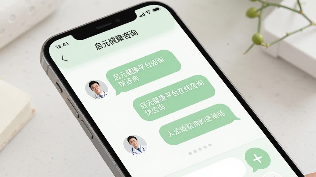 展示启元健康平台在线咨询聊天界面,手机屏幕中显示对话气泡和医生头像,界面柔和圆角,配色以淡绿和白色为主,风格清新,细节清晰,画质干净