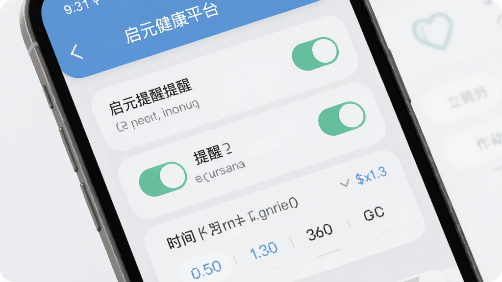 展示启元健康平台提醒设置界面,手机屏幕显示多个提醒事项开关和时间选择器,界面用浅灰和蓝色搭配,风格素雅极简,布局整齐,画质干净无多余元素