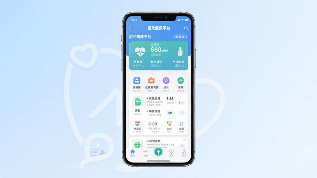 一张展示启元健康平台手机应用主界面的图片,画面中央是一部智能手机,屏幕显示启元健康平台APP的首页,包含健康数据卡片、功能图标和底部导航栏,背景为干净的浅蓝色渐变,风格简洁现代,细节清晰,画质干净无多余元素