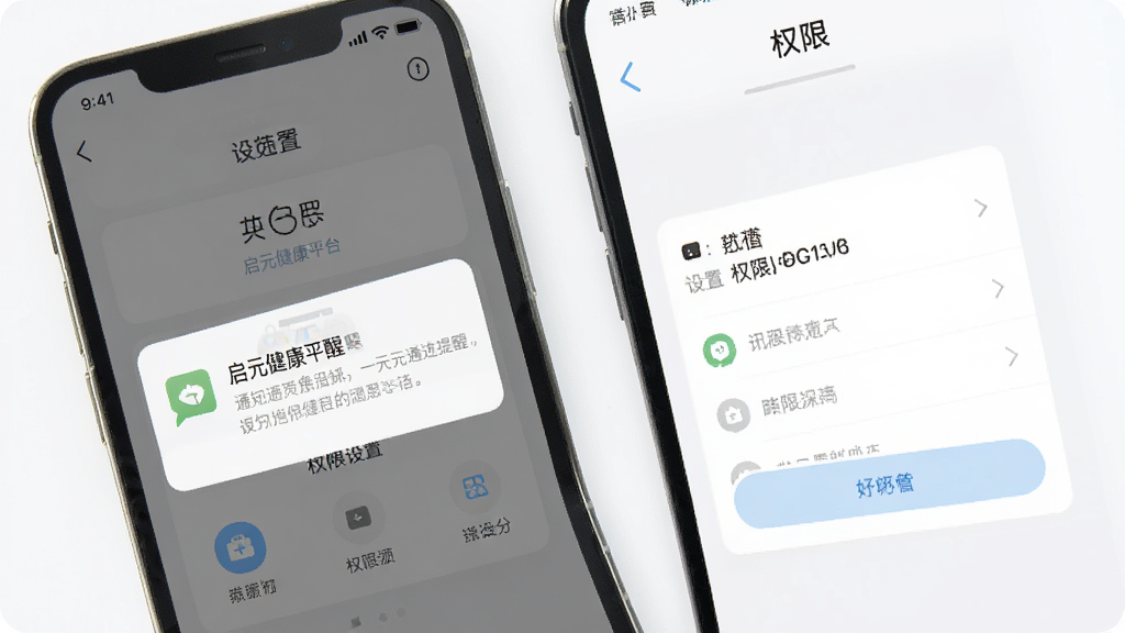展示启元健康平台在手机上的通知提醒弹窗和权限设置界面,画面包含手机屏幕和设置选项,风格简洁明了,配色淡雅,细节清晰,画质干净