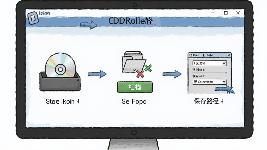 一张展示CDRoller新手操作流程的示意图,画面主体是电脑屏幕上的软件界面,布局为分步图解,风格为教程插画风,细节包括光盘插入、扫描按钮、文件勾选、保存路径选择等步骤图标,画质清晰,干净,无多余元素