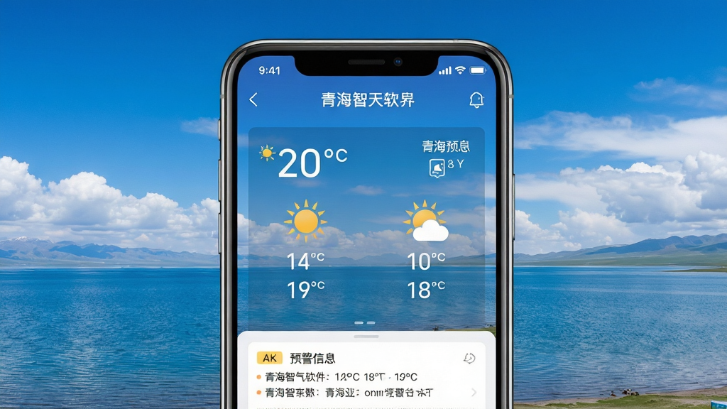 青海智天气软件主界面展示图:画面中央是一部智能手机,屏幕上显示着青海智天气APP的首页,背景是青海湖与蓝天白云的实景融合,界面清晰展示温度、天气图标及预警信息。布局采用居中构图,风格为写实科技风,细节包含手机边框反光、屏幕内UI的细腻质感,画质为4K超清,干净无多余元素。