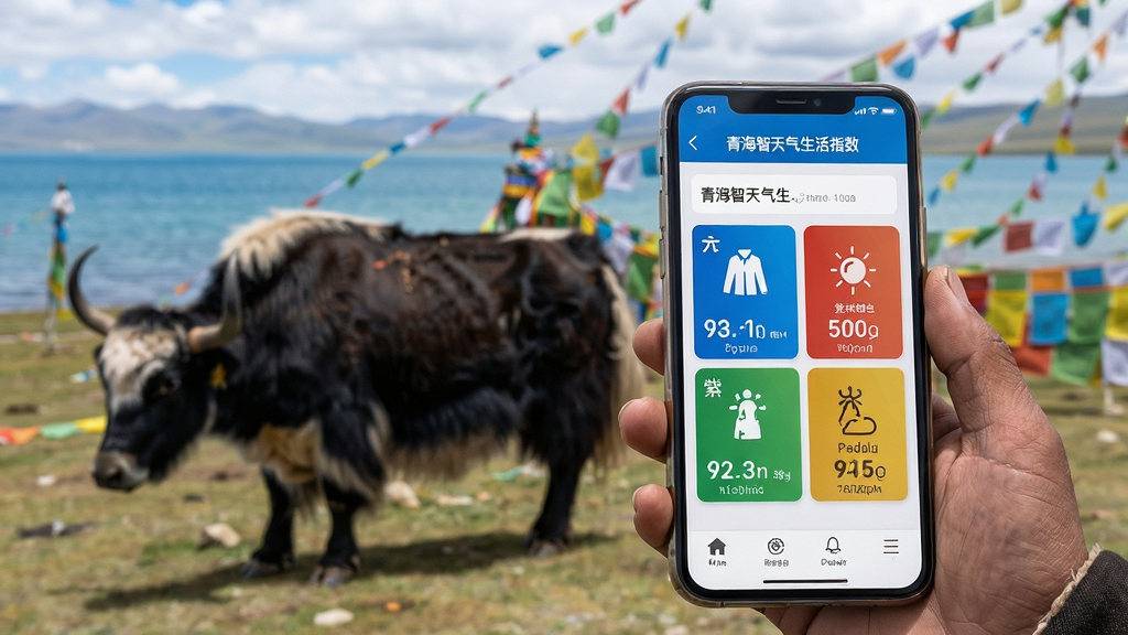 AI生图:一位藏族牧民在青海湖畔查看手机上的青海智天气生活指数页面,屏幕显示穿衣与紫外线建议图标。布局为人物与手机屏幕的互动特写,背景是牦牛与经幡,风格为民族风情纪实,细节突出手机界面的彩色指数卡片,画质高清,干净无多余元素。