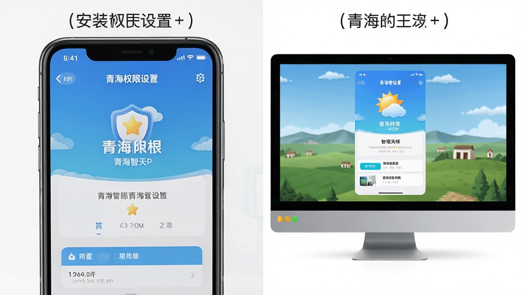 AI生图:一张分屏对比图,左侧是手机屏幕显示青海智天气APP的安装权限设置界面,右侧是电脑模拟器运行该APP的界面。布局为左右对比,风格为科技教程风,细节包含手机与电脑的边框、界面UI的清晰展示,画质高清,干净无多余元素。