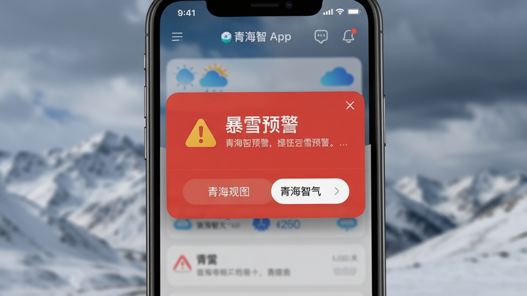 AI生图:手机屏幕特写,显示青海智天气APP的红色暴雪预警弹窗,背景是模糊的雪山与阴天。布局为居中构图,风格为UI展示风,细节包含弹窗阴影、警示图标与文字排版,画质清晰,干净无多余元素。