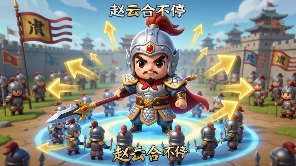 画面中央是一位身穿银白铠甲的古代武将赵云,手持长枪,站在由多个相同小兵合成的光阵中央,周围环绕着金色合成箭头与升级光芒,背景是古代战场城池,布局为竖版手机屏幕构图,风格为Q版卡通渲染,细节包括武将盔甲纹理、合成光效、飘动的战旗,画质高清干净,无多余元素,图中文字标注“赵云合不停”