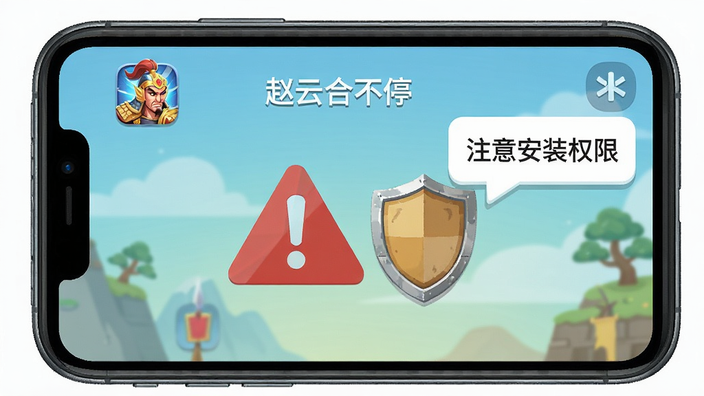 手机屏幕显示赵云合不停游戏界面,画面中有一个醒目的红色警告标志和盾牌图标,旁边有文字气泡提示“注意安装权限”,布局为竖版手机屏幕截图风格,风格为扁平化插画,细节包括手机边框、游戏图标、警告三角,画质高清干净,无多余元素,图中文字标注“赵云合不停”