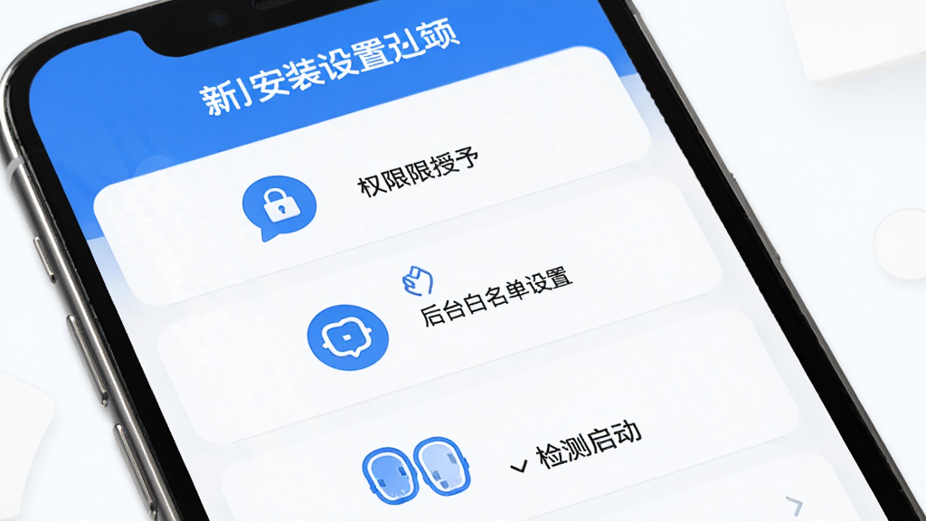 派派智护新手安装设置引导界面,画面为手机屏幕显示分步引导流程,包含权限授予、后台白名单设置、检测启动等步骤图示,界面风格友好,采用蓝白配色,图标清晰,背景简洁,高清画质,无多余元素