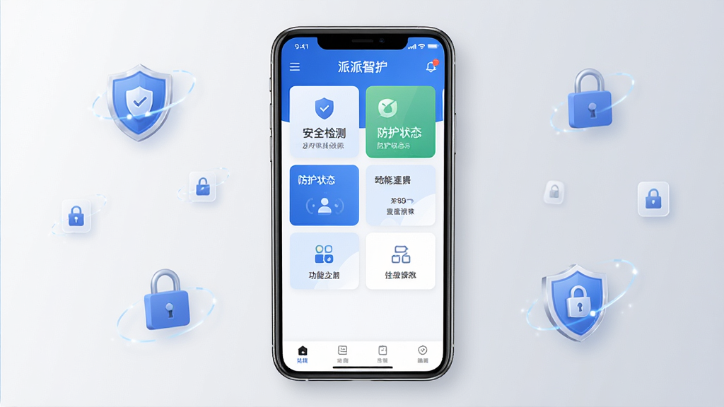 派派智护软件主界面全景展示,画面中央为手机屏幕,屏幕内呈现派派智护的首页布局,包含安全检测、防护状态、功能入口卡片等元素,整体采用蓝白配色,风格简洁清爽,背景为浅灰色渐变,周围点缀盾牌、锁形图标等安全符号,画面干净,构图居中,高清画质,无多余元素