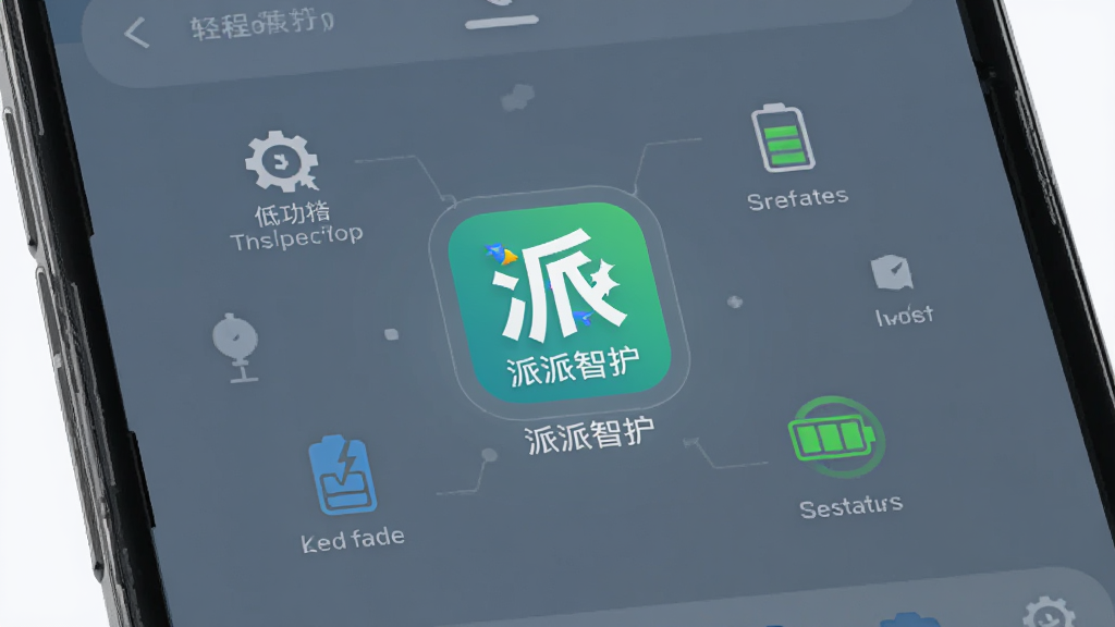 派派智护轻量后台运行示意图,画面展示手机内部后台进程管理界面,派派智护图标位于中央,周围环绕低功耗标识、电池图标与运行状态指示,整体风格科技简约,蓝灰色调,背景干净,高清画质,无多余元素
